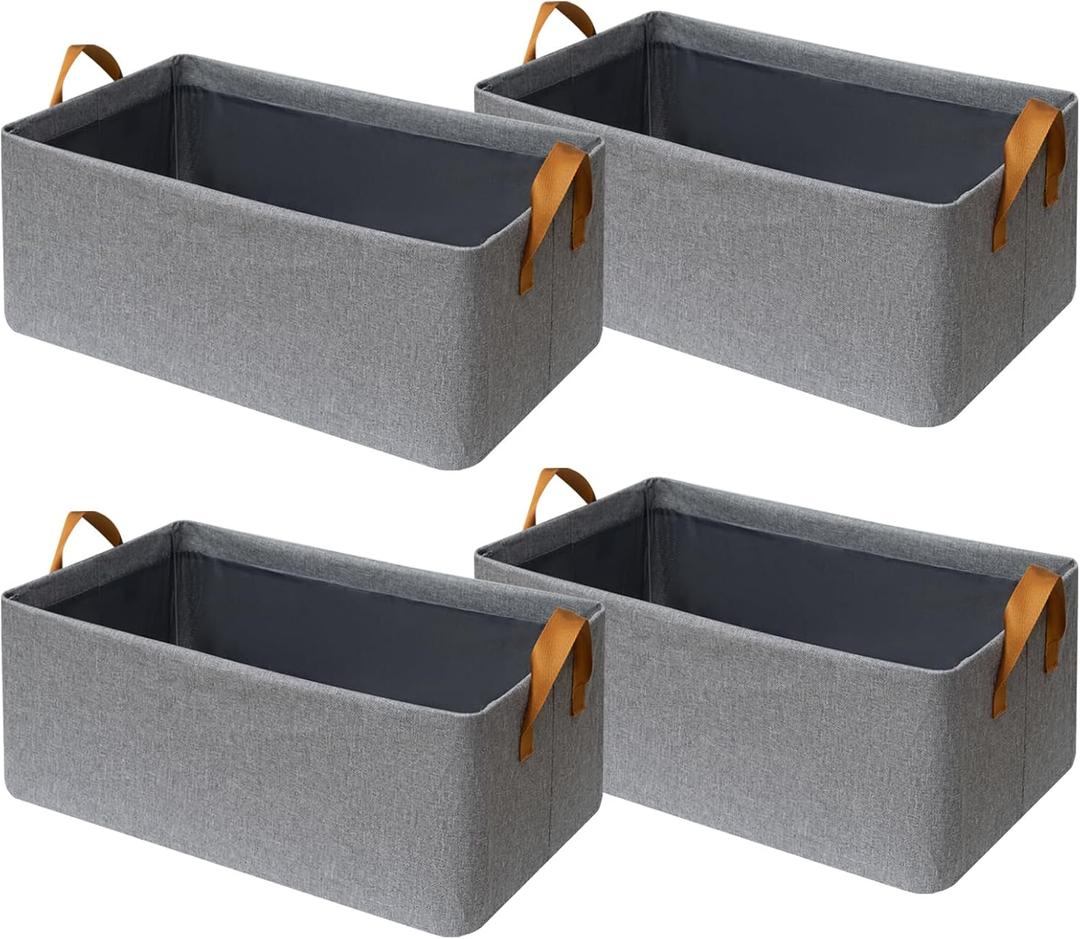 SNWDN 4 Pack Closet Cloth Storage Bins for Shelves,Medium Storage Baskets for Shelves, Fabric Bins for Closet organization with Handles Gray 15''L x 10''W x 8''H (Grey)