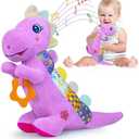 Pack of 2 Baby Dino Musical Stuffed Animal Toys for 0-3-6-9-12 Months, Infant Dinosaur Tummy Time Toys with Crinkle Sound Paper, Teether, Textures & Rattles for Newborn Boys Girls Birthday Gifts, Purple