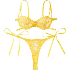 Lilosy Sexy Tie Side Cute Underwire Push Up Strappy Embroidered Mesh Sheer Lingerie Set, size Medium