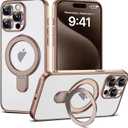 Compatible with iPhone 15 Pro Max Case with Magnetic Ring Stand [Compatible with Mag-Safe] [Full Camera Lens Protector] Soft Plating Clear Phone Case for iPhone 15 Pro Max 6.7", Desert Gold