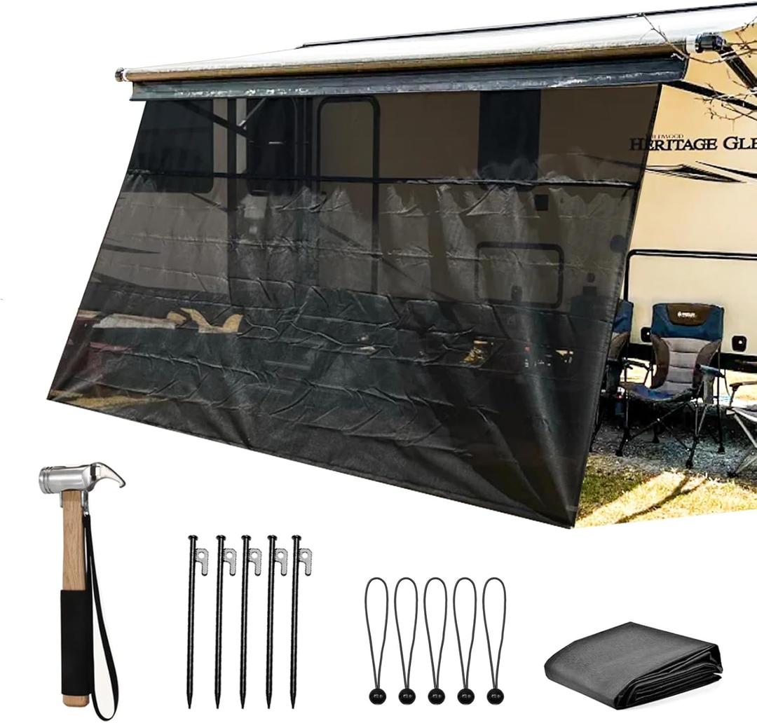 RV Awning Shade Screen with Zipper 9'X19'3'' - Black Mesh Camper Awning Shade Screen, Universal Trailer Camper RV Awning Sun Shade Screen - Comes with Ground Nail Hammer Set