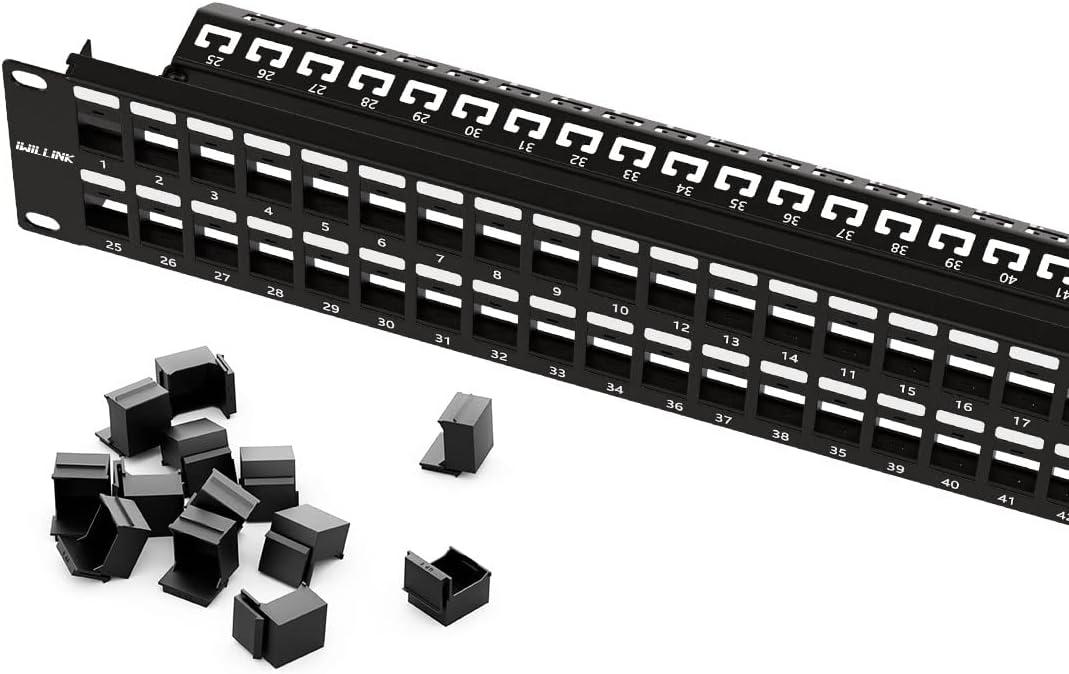 iwillink 48 Port Blank Keystone Patch Panel with Wall Mount Bracket, Versatile Vertical/Horizontal Installation, Includes Blank Keystone Inserts for Custom Configurations