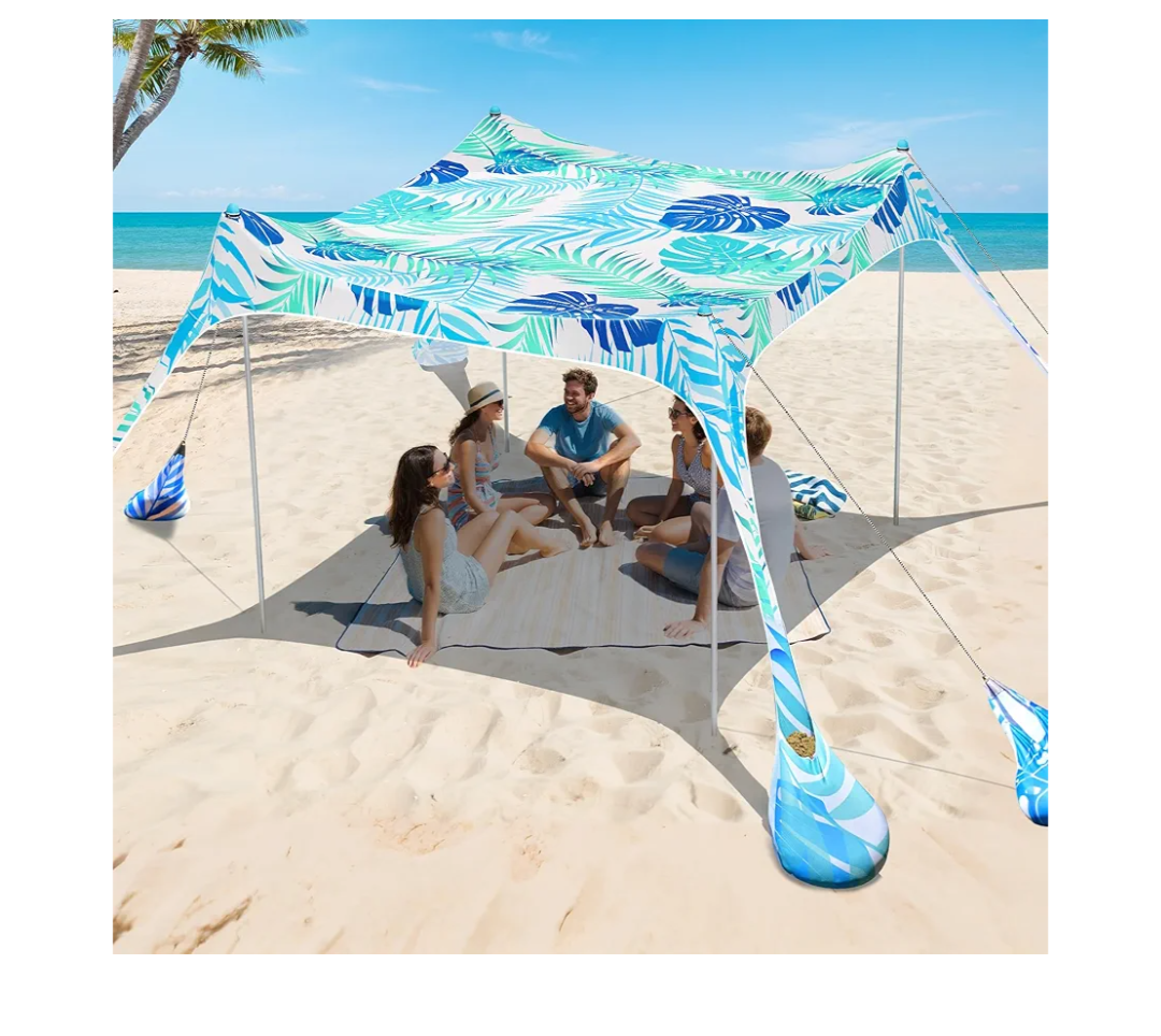 2PM SPORTS Beach Tent Canopy with UPF50+ UV Protection, Outdoor Large Beach Sun Shade Shelter for Family Picnic Camping Travel Shore Fishing, 8 Sandbags, Sand Shovel (Leaf, 8x8 FT)