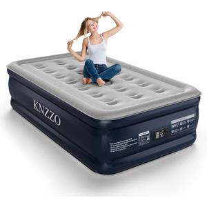 KNZZO Twin Air Mattress with Built-in Pump, 18" Top Inflatable Mattress with Waterproof Flocking Fabric, Three-Minute Quick-Inflatable Bed. Portable Blow Up Mattress for Home, Outdoor and Guests (Blue)