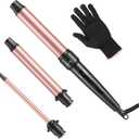 Curling Iron Wand, 3 in 1 Curling Wand Set with Ceramic Barrel for Long/Medium Hair, 0.35"-1.25" Interchangeable Hair Curler Wand, Dual Voltage, Includes Glove & Clips (Gold)