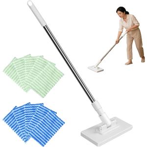 Snap Grip Mini Mop, Zero Touch Cloth Changing Flat Mop with Automatic Hands-Free Clip, Retractable 40 Inch Locking Handle for Gaps & Multi-Surface Cleaning, Wet & Dry, Includes 10 Reusable Cloths