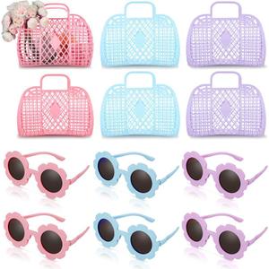 Sweetude 12 Pcs Jelly Bags with Sunglasses Jelly Purse Basket Reusable Tote Beach Handbags for Women Girls Kid (Colorful)