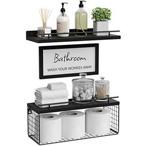 WOPITUES Floating Shelves for Bathroom Wall Decor Sign, Bathroom Organizers and Storage, Bathroom Shelves Over Toilet with Metal Guardrail-Black