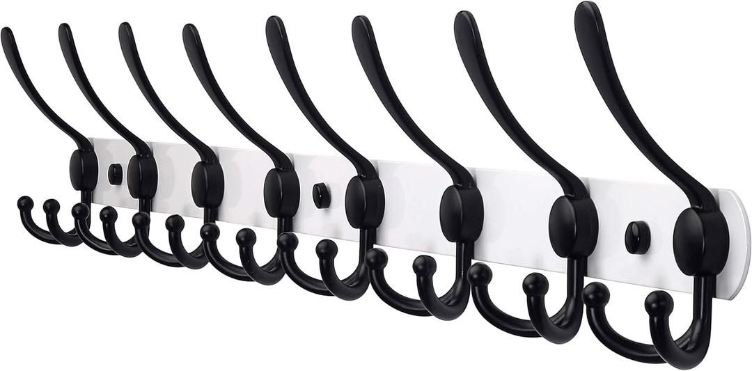 Dseap Coat Rack Wall Mount - 29.5 Long 8-Tri-Hooks Heavy Duty Coat Hanger Rail Wall Hooks for Hanging Coats Hats Clothing Clothes Purse Mudroom Entryway, White & Black