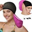 Womens Swim Cap for Long Hair PU Fabric Hairnet Swimming Caps for Women Men Adults Youths with Ear Plug and Nose Clip, Swim Hats Pool Caps to Protect Hair no Pulling