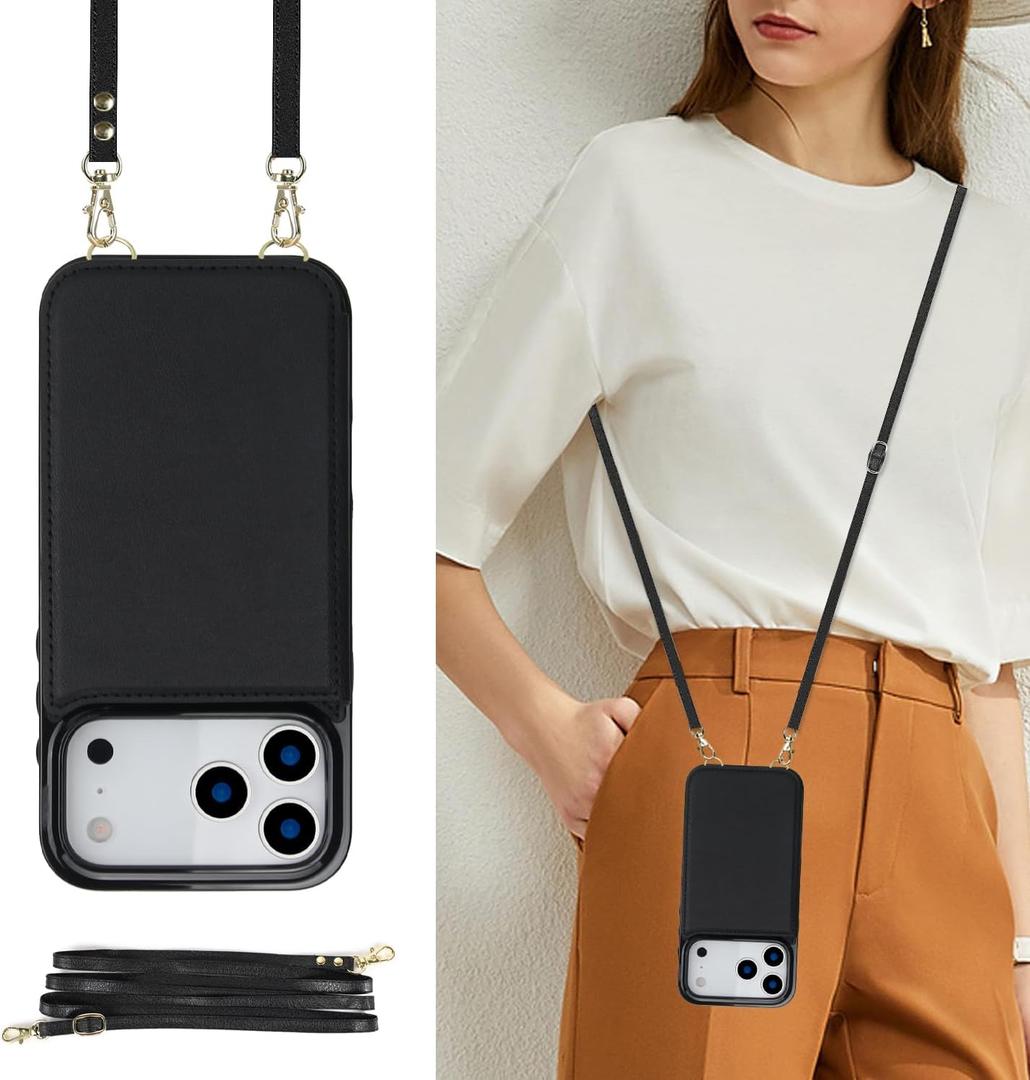 Wallet Case Compatible with iPhone 17 Pro, RFID Blocking Card Holder Magnetic Flip Folio Purse, Shockproof Leather Cover with Crossbody Strap Case for iPhone 17 Pro 6.3'' 2025 Black