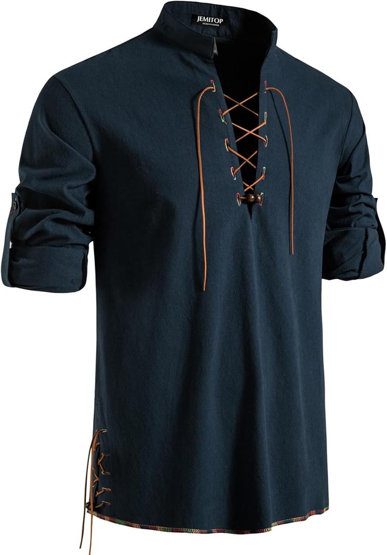 JEMITOP Men's Pure Cotton Retro Lace Up Shirts for Renaissance Pirate Medieval Viking (Medium, Navy Blue) JEMITOP Men's Pure Cotton Retro Lace Up Shirts for Renaissance Pirate Medieval Viking (Medium, Navy Blue)
