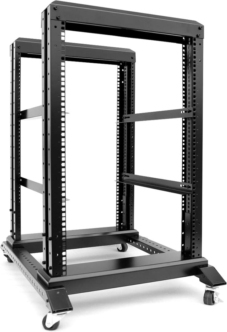15U 4 Post Open Frame Server Rack Suitable 19inch Server Equipment Cold Rolled Steel Heavy Duty Rack 24inch Deep with Wheels Heavy Duty Rack (4POST-D800-15U, 15U), BLACK