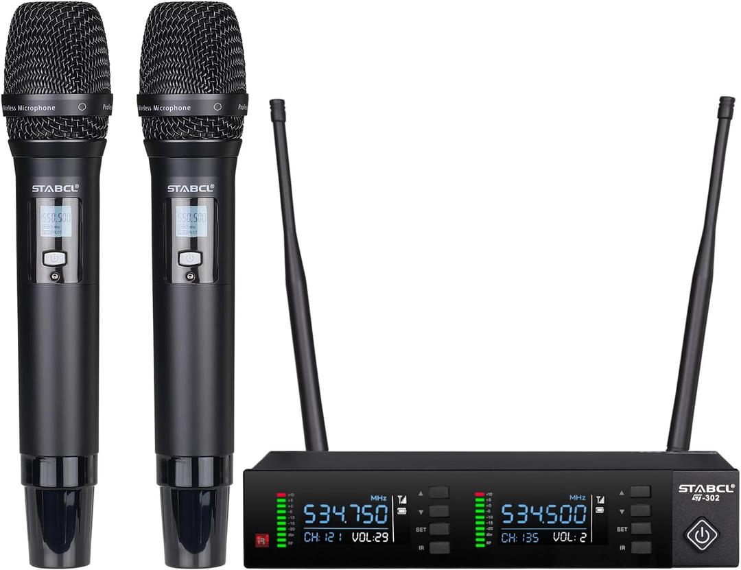 Professional Wireless Microphone System, 2X100 UHF Adjustable Frequencies Wireless Microphone for Karaoke, Singing, DJ, Church, 2 Metal Handheld Dynamic Cordless Mic Set, Auto Scan, 200-250Ft Range