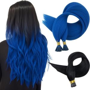 Bundles 16 Inch Blue I Tip Hair Extensions 20g 25s and Jet Black I Tip Hair Extensions Human Hair #1 50g 100s Straight