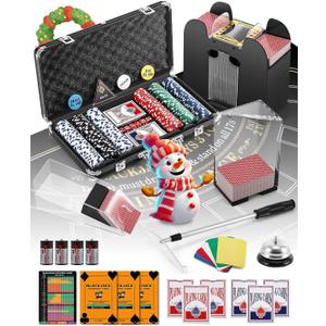 Blackjack Set Casino Set Blackjack Game Combo Set: Card Shuffler, 300pcs Poker Chips, Casino Felt, Card Shoe, Chip Rake, Discard Tray, Playing Cards*8, Bell, Dice, Cut Cards, Casino Buttons