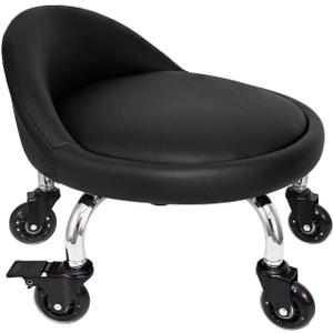 Rolling Stool with Backrest 450 Lbs High Weight Capacity PU Leather Roller Seat and Heavy-Duty Crystal Universal Wheels for Men Women Boy Girl Furniture Gift, Home Office Black (A-black With Back)