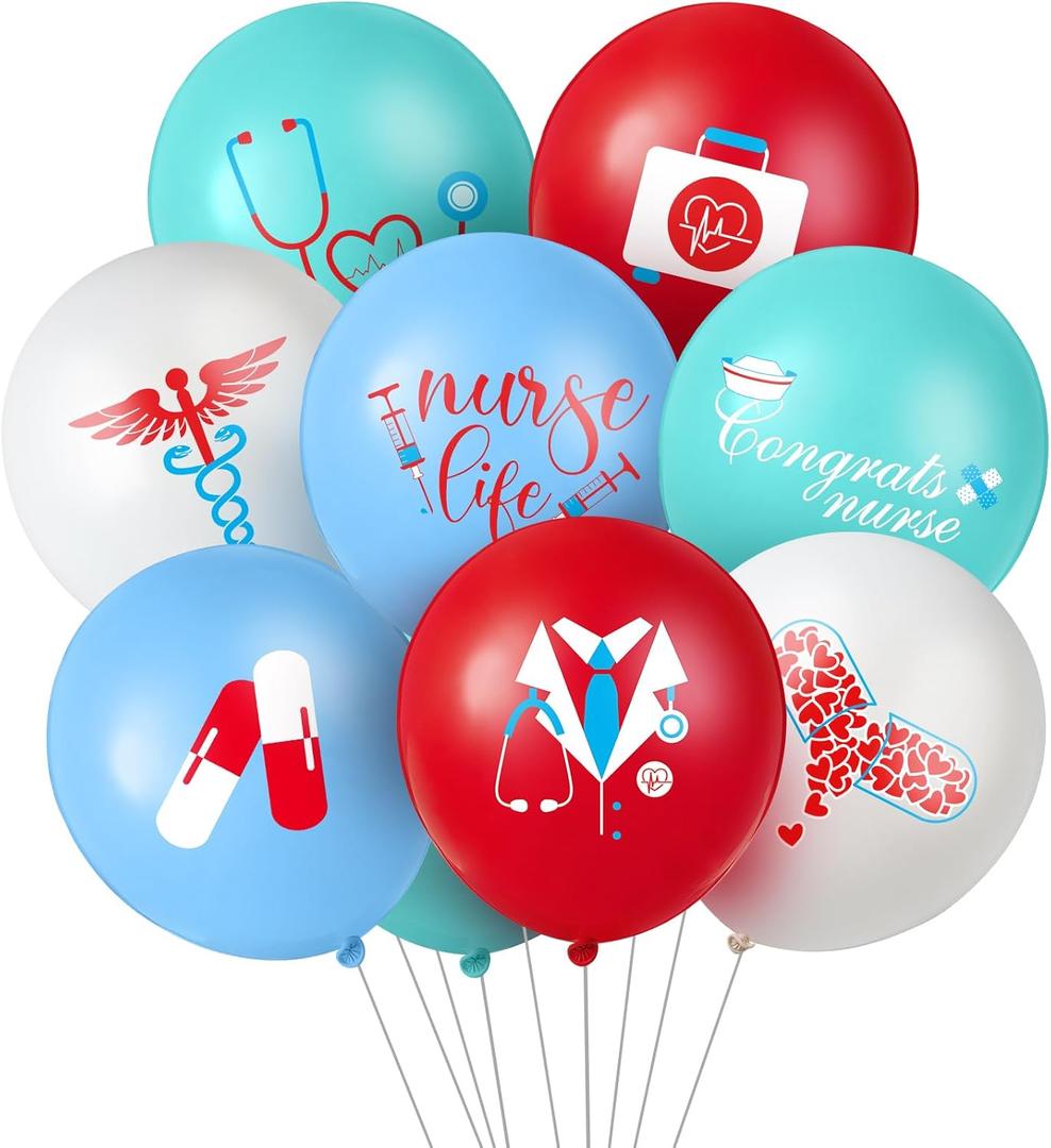 Skylety 48 Pieces Nurse Balloons 12 Inch Congrats Nursing Latex Balloons Bulk Party Decoration Supplies Nursing School Graduation Decoration for Happy Nurse Week Cna(Red, Blue and White)