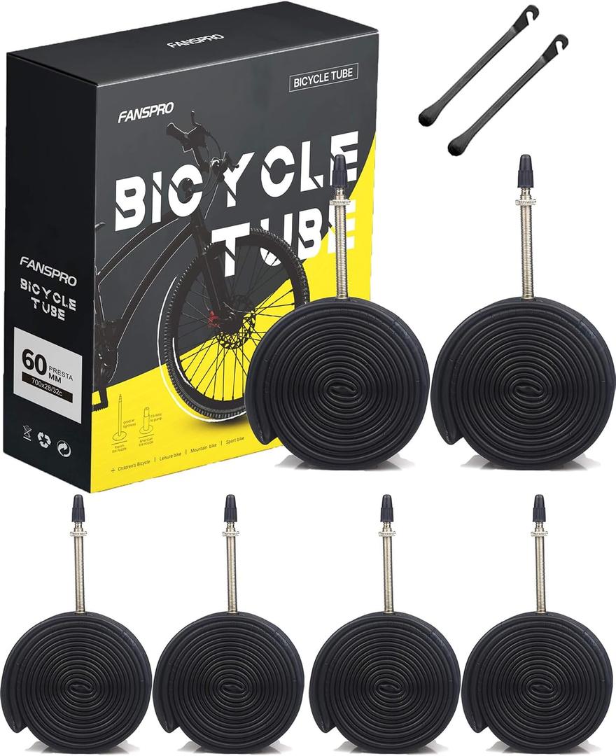 FANSPRO 700 x 28-32c Road Bike Inner Tubes, 60mm Presta Valve Premium Quality Butyl Inner Tube, 6 Pack with 2 Tire Levers