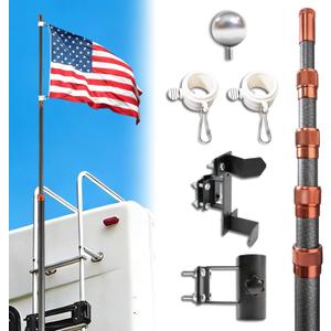 RV Ladder Flag Pole Kit, Heavy Duty Flag Pole Kit Ladder Mount, Upgraded Metal Hook, 20ft Telescoping Carbon Fiber Tailgate Flag Pole with Holder for RV Ladder/Campers/Travel Trailer