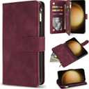 ZZXX Samsung Galaxy S23 Wallet Case with RFID Blocking Card Slot PU Leather Zipper Flip Folio with Strap Kickstand Protective Cover for Samsung Galaxy S23 Case Wallet(Wine Red-6.1 inch)