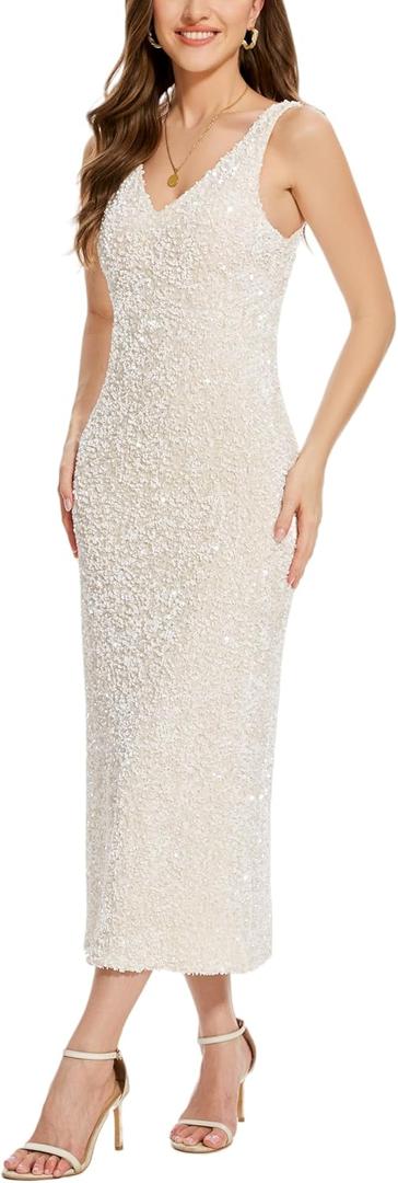 OVRUNS Women Sequin Dress Sleeveless V Neck A Line V Back with Liner Sparkly Evening Party Glitter Cocktail Formal Midi Dress (M)