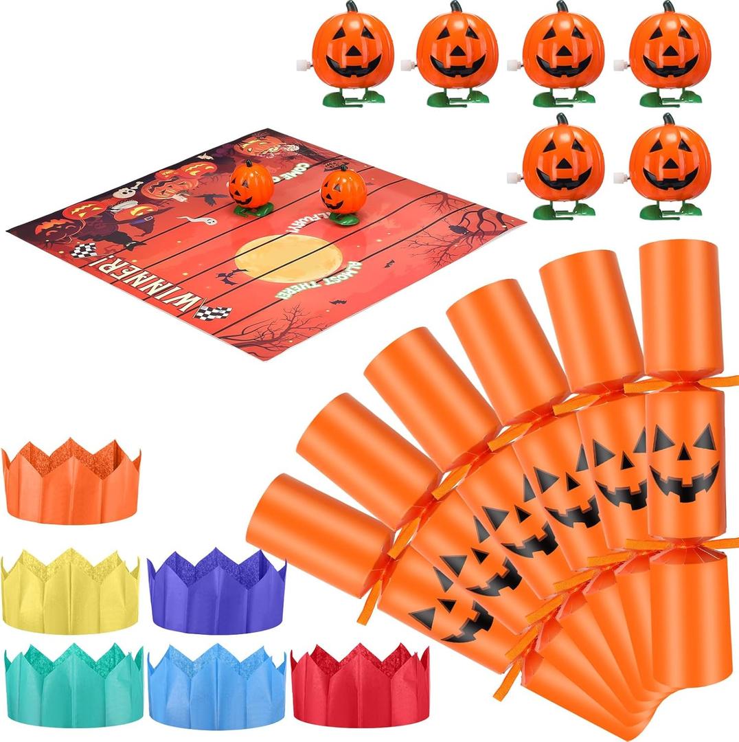 6 Packs Halloween Crackers Thanksgiving Crackers No Snap Party Favors with Wind up Pumpkin Paper Hat Holiday Table Favor Supplies Racing Game for Adults Fall Autumn