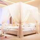 Akiky Princess Canopy Bed Curtains 4 Corners Post Mosquito Net - Cozy Drape Netting 4 Opening Bed Canopy Curtain for Girls Bed Boys Adults (King,Beige)