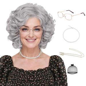 Grandma Wig And Accessories for Old Lady Costume Grey Curly Granny Wigs for Women 100 Days of School Sliver Synthetic Wigs For Cosplay Halloween Party Use(Gray Wig 5pcs Set)