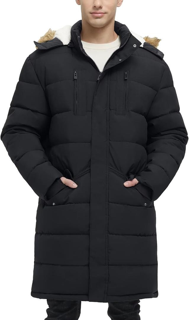 Men's Extra Long Fleece Puffer Jacket Outerwear Winter Coats Hooded Parka Warm Water-resistant Cold Weather (XL)