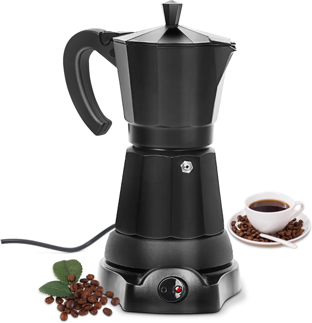 SHANGSKY Coffee Pot Electric Moka Pot 6 Cup, Espresso Coffee Maker Cafeteras Electricas Italian Coffee Maker Espresso Makers Portable Aluminum Electric Mocha Pot, Coffee Machine Moka Maker (Black)