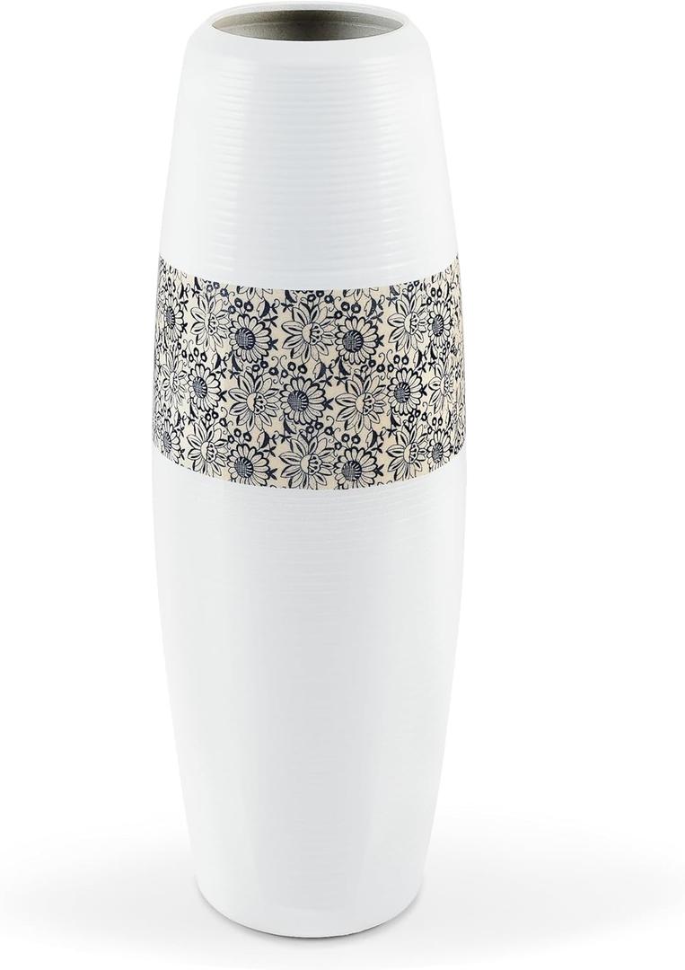 fanquare 20 Inch Tall Floor Ceramic Vase, Boho White and Daisy Pattern Flower Display Vase for Home Office Dcor, Living Room Vase