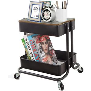 Melody House 2-Tier Metal Utility Rolling Cart Storage Organizer with Cover Board Mobile Trolley Sofa Side Table with Wheels for Office Home Kitchen Organization Black