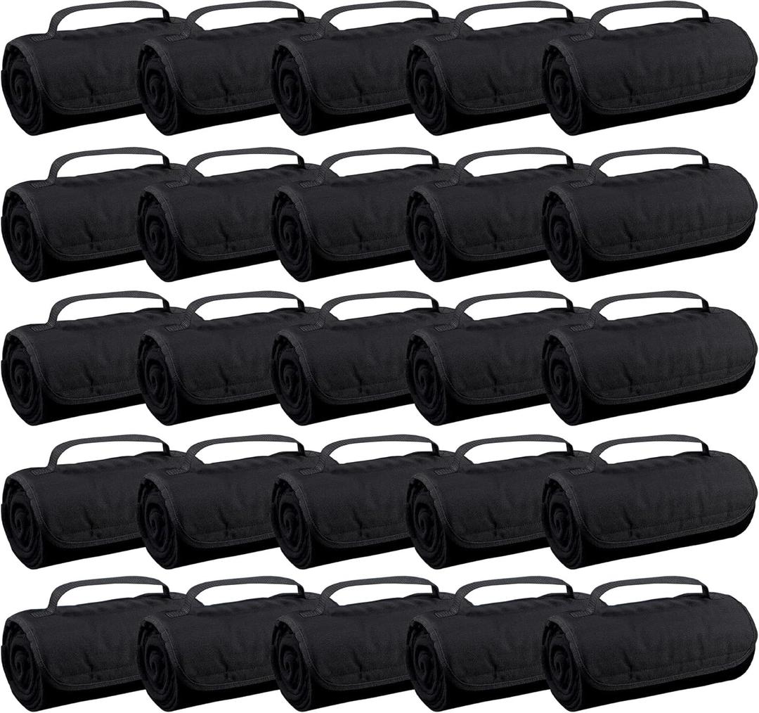 25 Ct of Roll-Up Blankets for Camping, Travel, Outdoors, Beach, Picnics  Black  Hook + Loop Closure for Easy Use in Cars & on Airplanes  Customizable for Promotions & Events