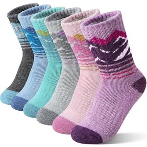Sandsuced Kids Girls Toddlers Merino Wool Hiking Socks Thermal Warm Winter Cozy Crew Outdoor Socks 6 Pairs Gift Stocking Stuffers(Mountain Peak Mixed,8-12 Years)