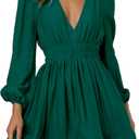 FAIABLE Mini Dress Deep V Sexy Dress Long Sleeve Dress for Women A-line High Waisted Casual Flowy Dress (Medium, Green)