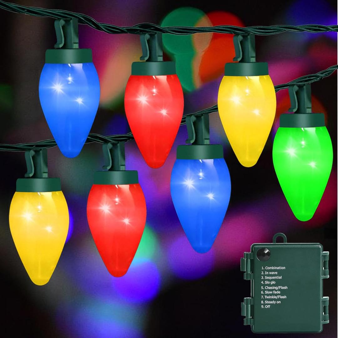 C7 100 LED Battery Operated Christmas Lights,Battery Powered Waterproof Bulbs,34FT 8 Modes with Auto On/Off Time for Xmas Tree Garden Patio Indoor Outdoor Christmas Decor(Multicolor)