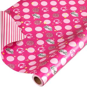 American Greetings 75 sq. ft. Reversible Barbie Wrapping Paper for Birthdays and All Occasions, Stars, Polka Dots and Stripes (1 Roll, 30 in. x 30 ft.)