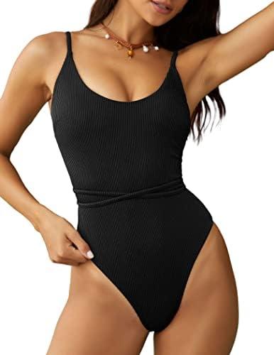 ZAFUL Women's One Piece Swimsuit Lace Up Tie Back Bathing Suits Ribbed Fully Lined Tummy Control Scoop Neck Padded Swimwear Size Large, Black