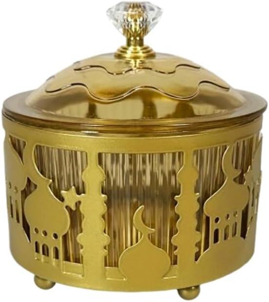 Ramadan Tray with Lid Eid Mubarak Dinner Plate Tray Ramadan Serving Tray Muslim Islamic Dessert Trays Tableware Dessert Metal Platters Candy Storage Container Pastry Dessert Display Holder (Golden)
