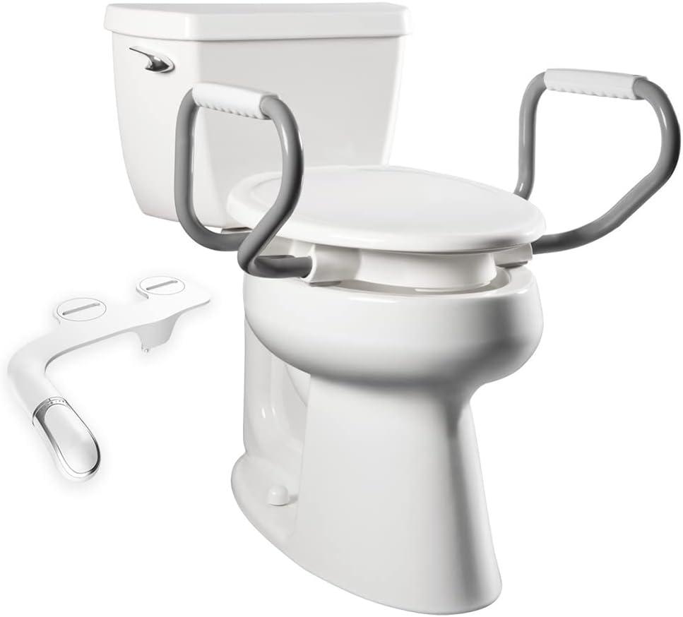 Bemis Assurance 3" Raised Toilet Seat with Handles and Bidet Attachment, Clean Shield Guard, Secure Hinges, Elongated, White