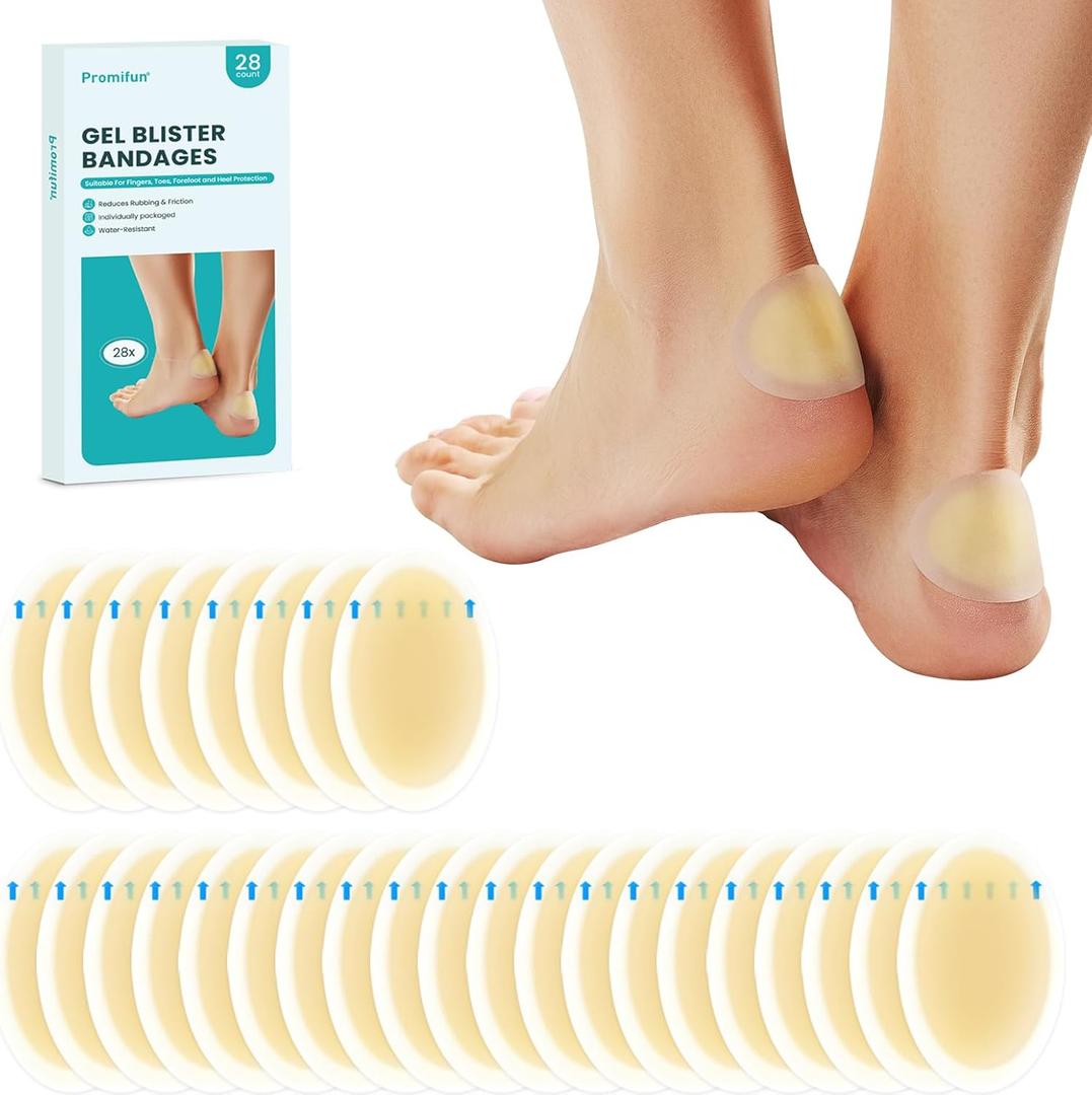 Promifun Blister Bandages Blister Pads - 28 ct Blister Cushions - Water Resistant Hydrocolloid Bandages for Foot, Toe, Heel - Gel Blister Bandages for Prevention & Recovery, Heel Pack