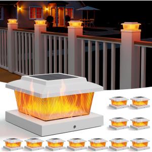 APONUO Solar Post Cap Lights with Flickering Flame & Warm White, 12-Pack for 4x4 Wood/ 5x5 Vinyl Posts, Solar Powered Deck & Fence Lights, Auto On/Off, IP65 Waterproof, Matte White