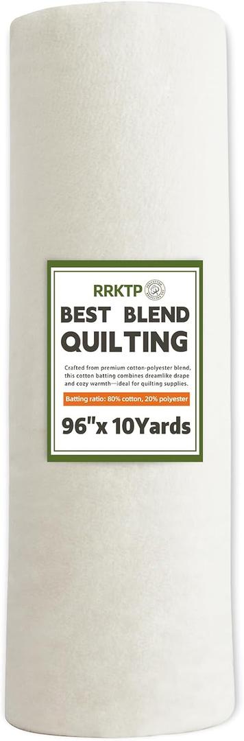 RRKTP Cotton Quilt Batting by The Roll80/20 Cotton/Polyester Blend Batting for Quilting,Warm Soft Natural Batting for Sewing,Stuffing for Crafts Handmade Quilts& Sewing Project-96 X 10 Yard (White)