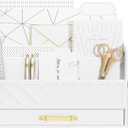 Bamboo Desk Organizer Mail Holder Countertop Wood Desk Drawer Tabletop Storage Box Pen Holder Letter Sorter Makeup Organizer for School Home Office Supplies with Pen Holder White