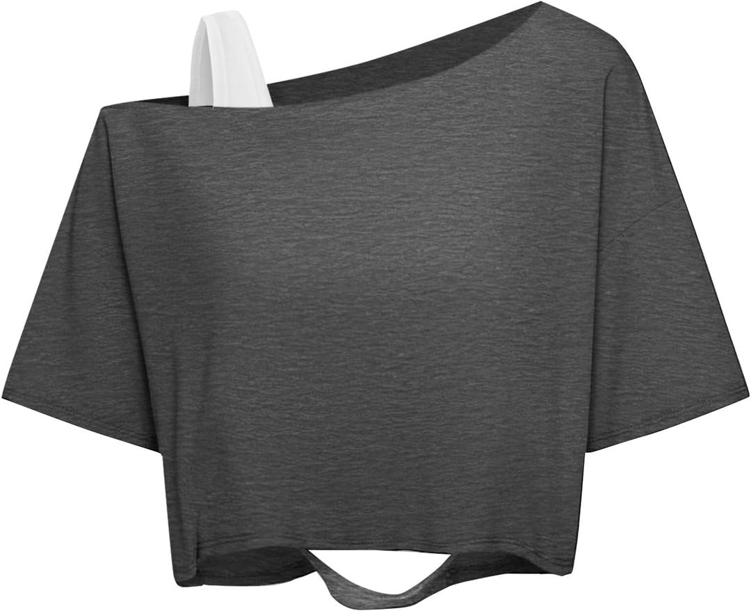 Remidoo Off The Shoulder Tops for Women Short Sleeve Crop Top Distressed Ripped T Shirts Loose Tee Grey Large (Gray, L)