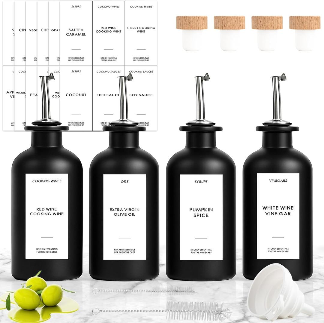 4PCS Olive Oil Dispenser Bottle For Kitchen, Soy Sauce Dispenser w. Labels, Glass Oil and Vinegar Dispenser Set, Coffee Syrup DispenserCooking Oil Dispenser (Black,12OZ)