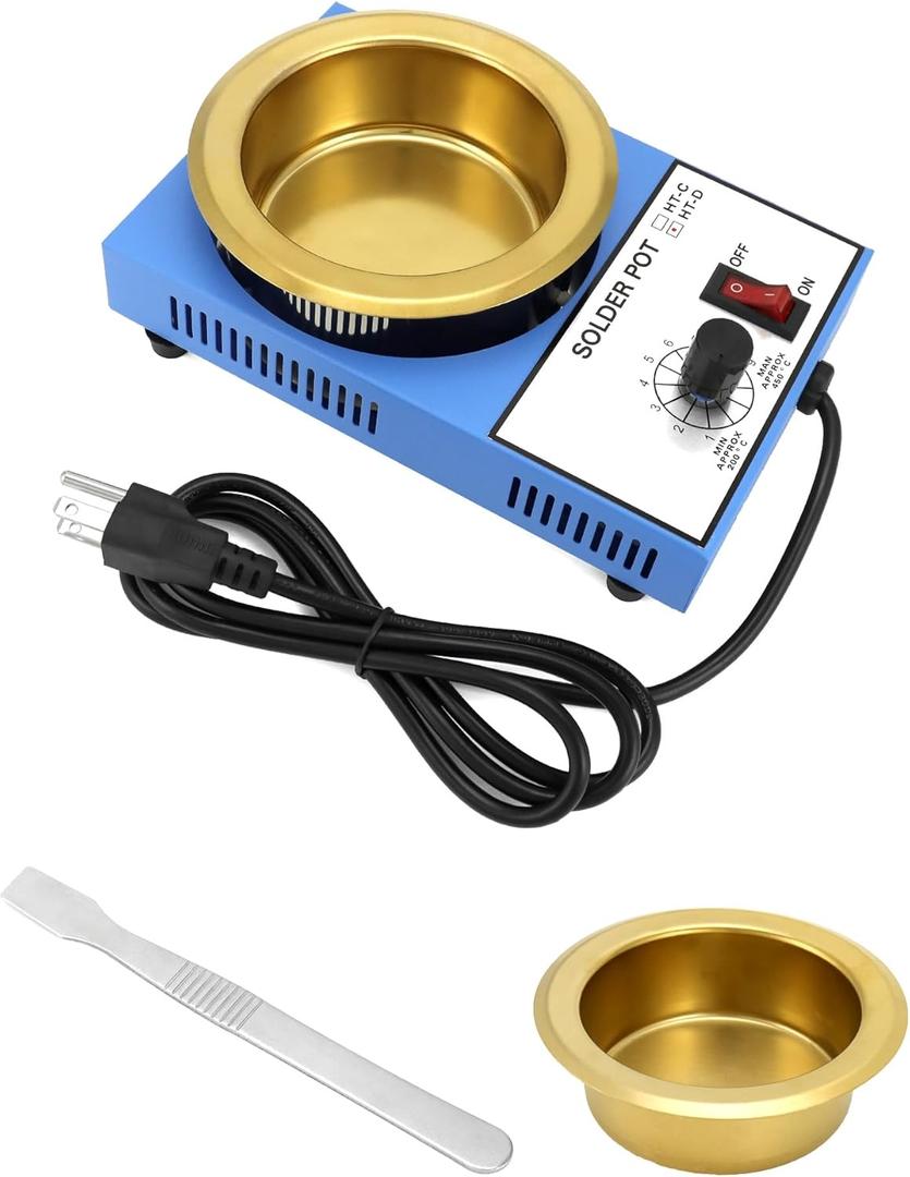 QWORK Solder Pot, 300W 110V, 100mm Soldering Bath Titanium Plate, Capacity 1500g 200-450c,Include Extra 100mm pot& Solder Paste Scraper for Welding and Soldering Bath