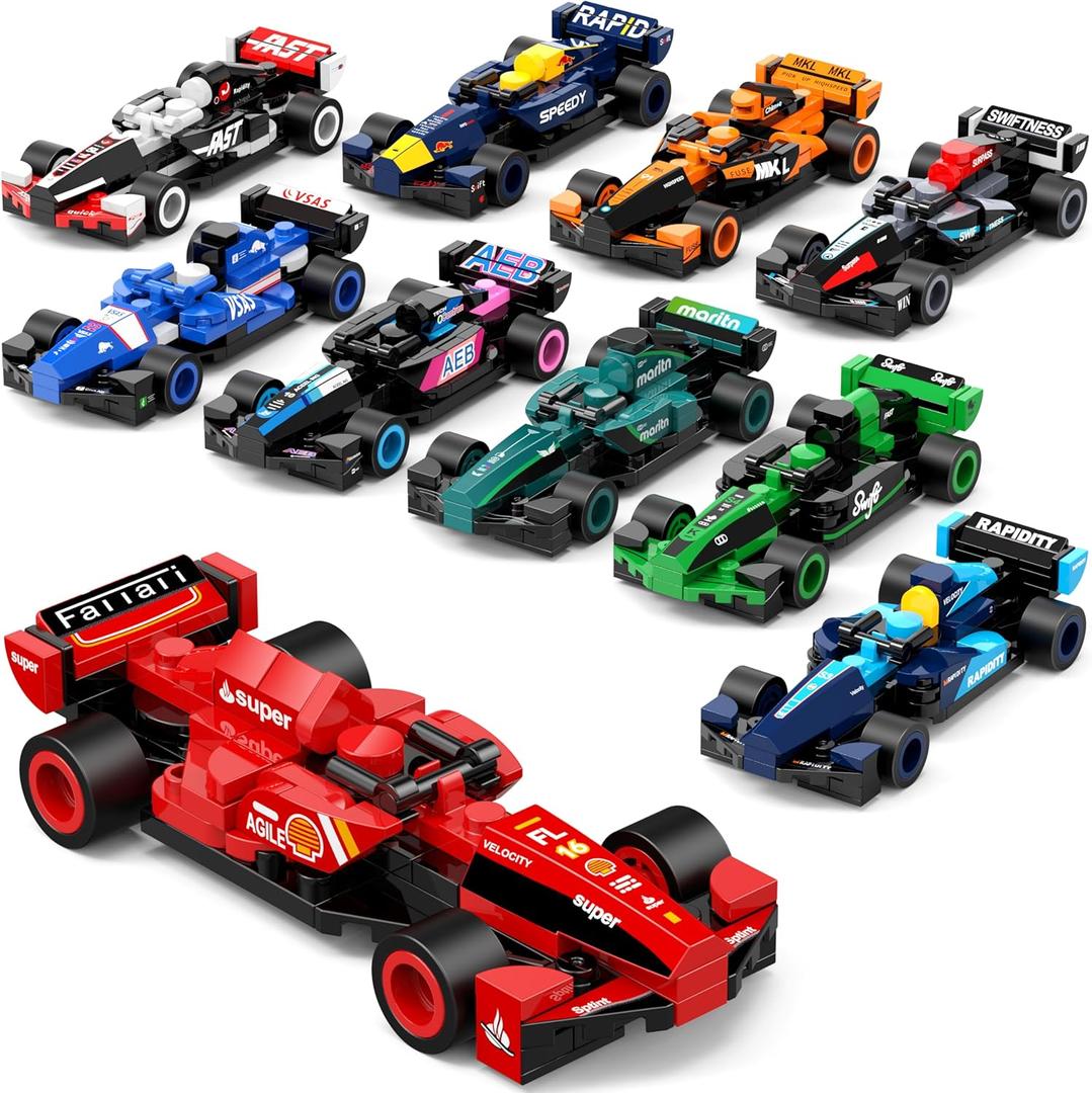 Formula Race Car Building Blocks Set for Kids, 732PCS F1 Collectible Cars DIY Toy, Gift for Boys Girls Age 6+, Birthday Christmas Party Favor, Non-Electric Racing Brick Kit - 10 PCS