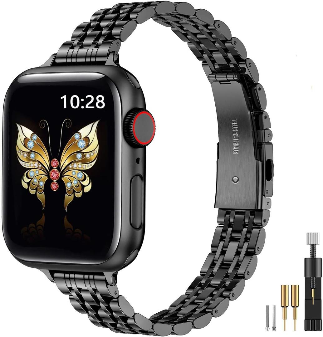 MioHHR Slim Metal Band Compatible with Apple Watch Band 42mm(Series 10) 41mm 40mm 38mm,Dressy Stainless Steel Chain Strap for Women iWatch Bands Series 9 8 7 6 5 4 3 2 1 SE,Black